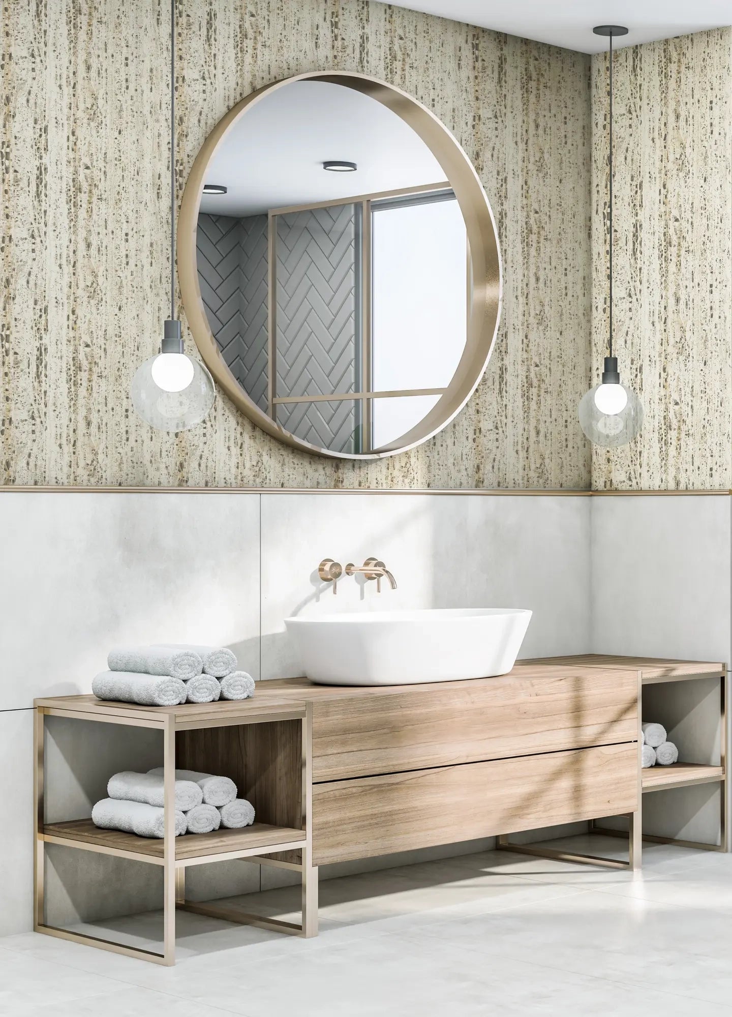 Marburg Travertino 33351 Beige stone-look wallpaper behind a bathroom vanity with a round mirror, white vessel sink, wood cabinet, rolled towels, and two glass globe pendant lights.