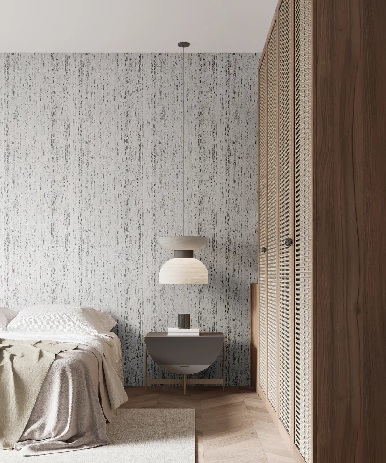 Marburg Travertino 33352 Gray and white wallpaper with vertical streaks and a speckled, stone-like texture wallpaper on a bedroom feature wall.
