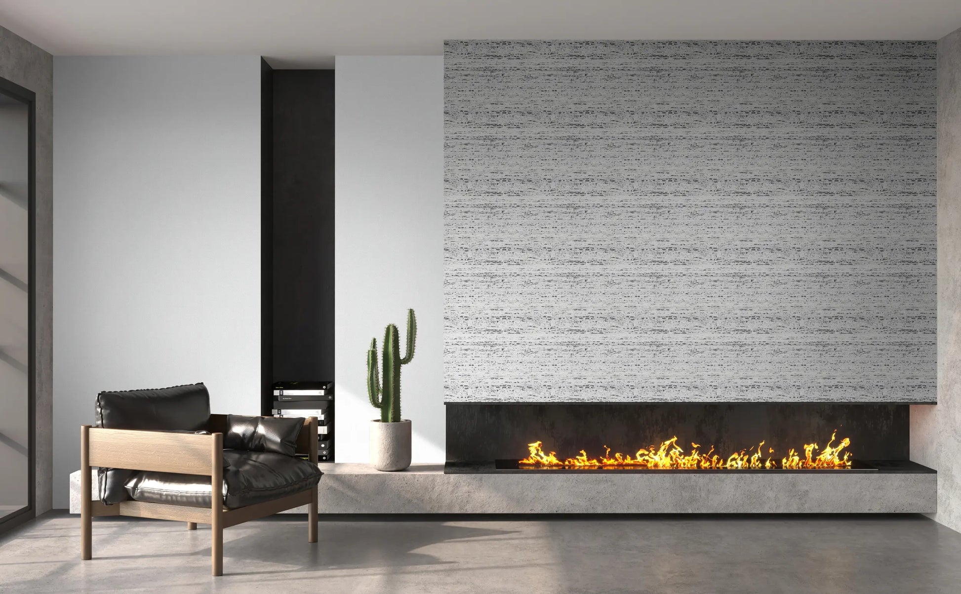 Marburg Travertino 33352 Living room scene showing gray and white horizontally striated wallpaper above a long linear fireplace, with an armchair, a potted cactus, and books on a concrete bench.