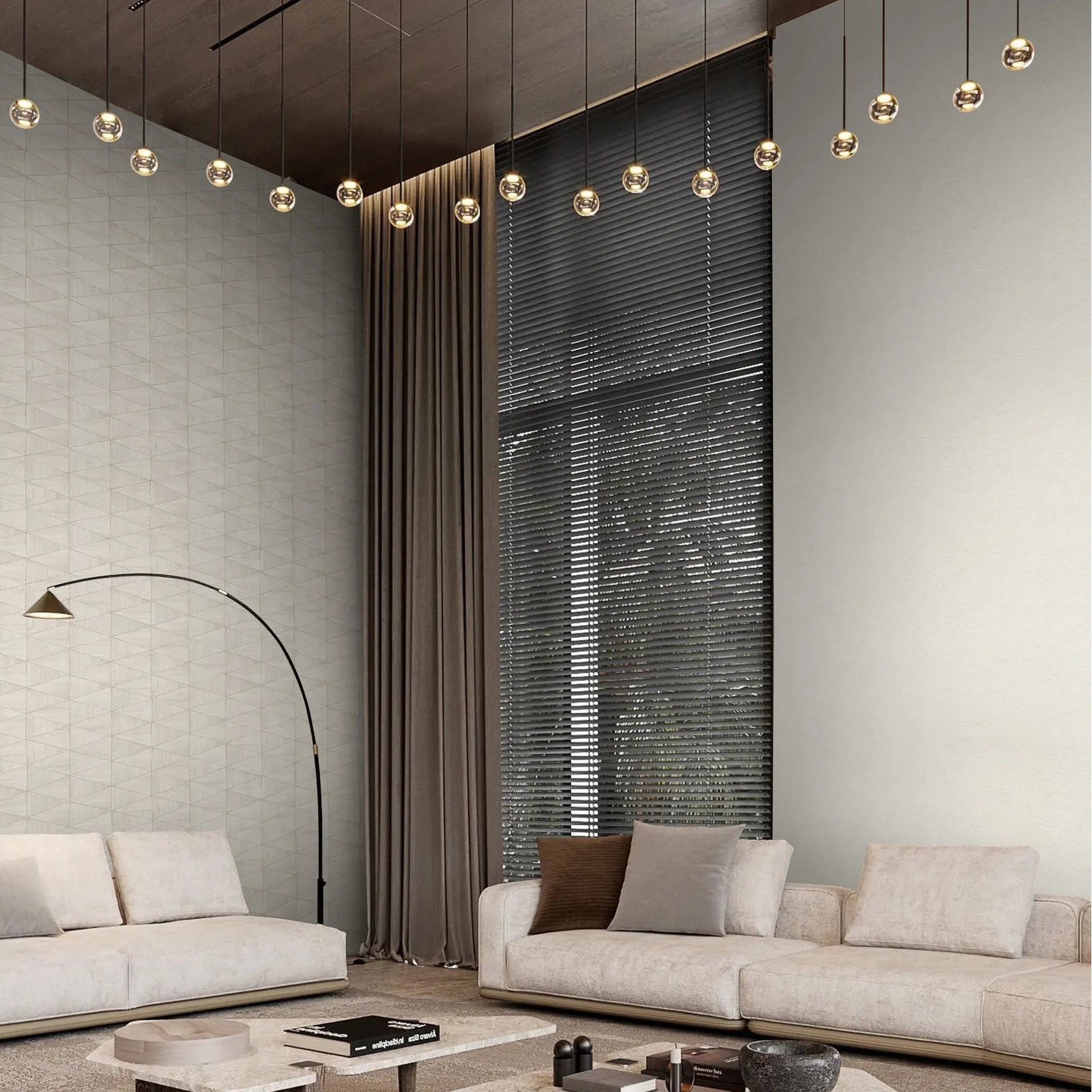 Marburg Travertino 33367 Wide living room scene showing light beige wallpaper; the left wall has a subtle small‑scale geometric triangle pattern and the adjacent wall is a plain textured surface. Two sofas, low coffee tables, an arc floor lamp, long curtains, window blinds, a rug, and.