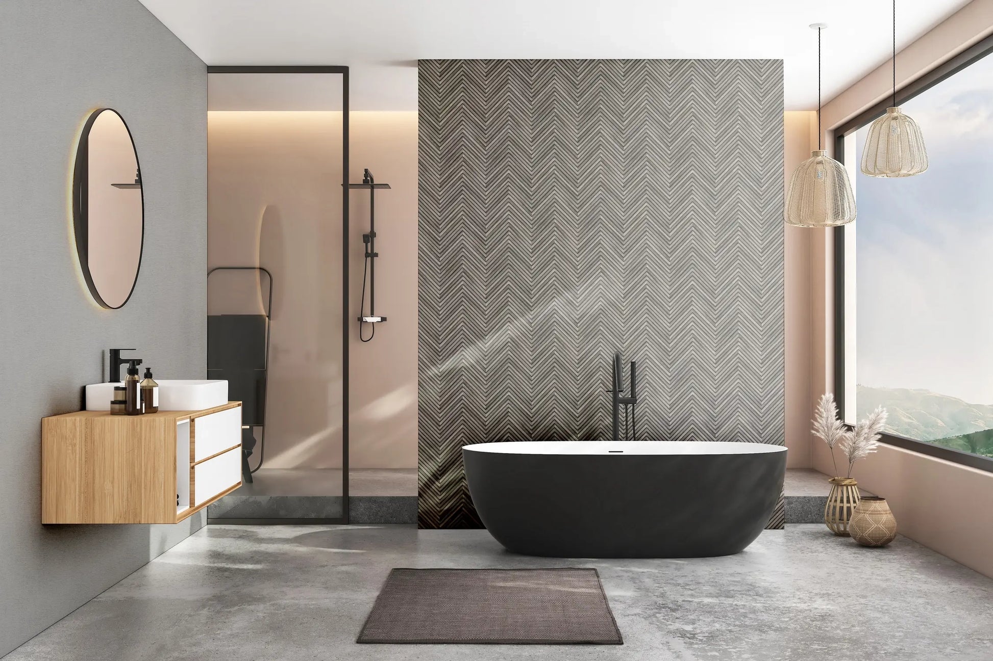 Marburg Travertino 33370 Gray chevron-patterned wallpaper is used as a feature wall behind a freestanding bathtub in a modern bathroom with a glass shower, floating vanity, pendant lights, and a large window.