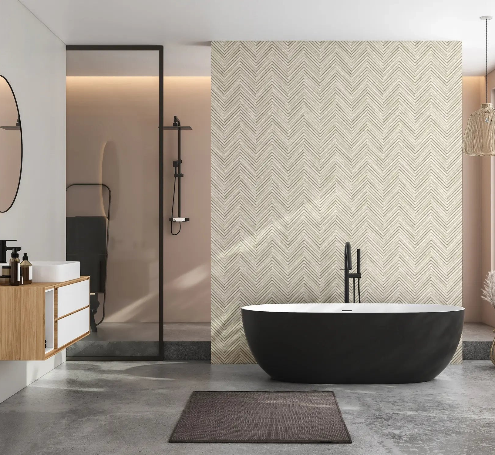Marburg Travertino 33373 Beige chevron-pattern wallpaper forms a feature wall behind a freestanding black bathtub in a modern bathroom with a glass shower, floating wood vanity, round mirror, large window, and rattan pendant lights.