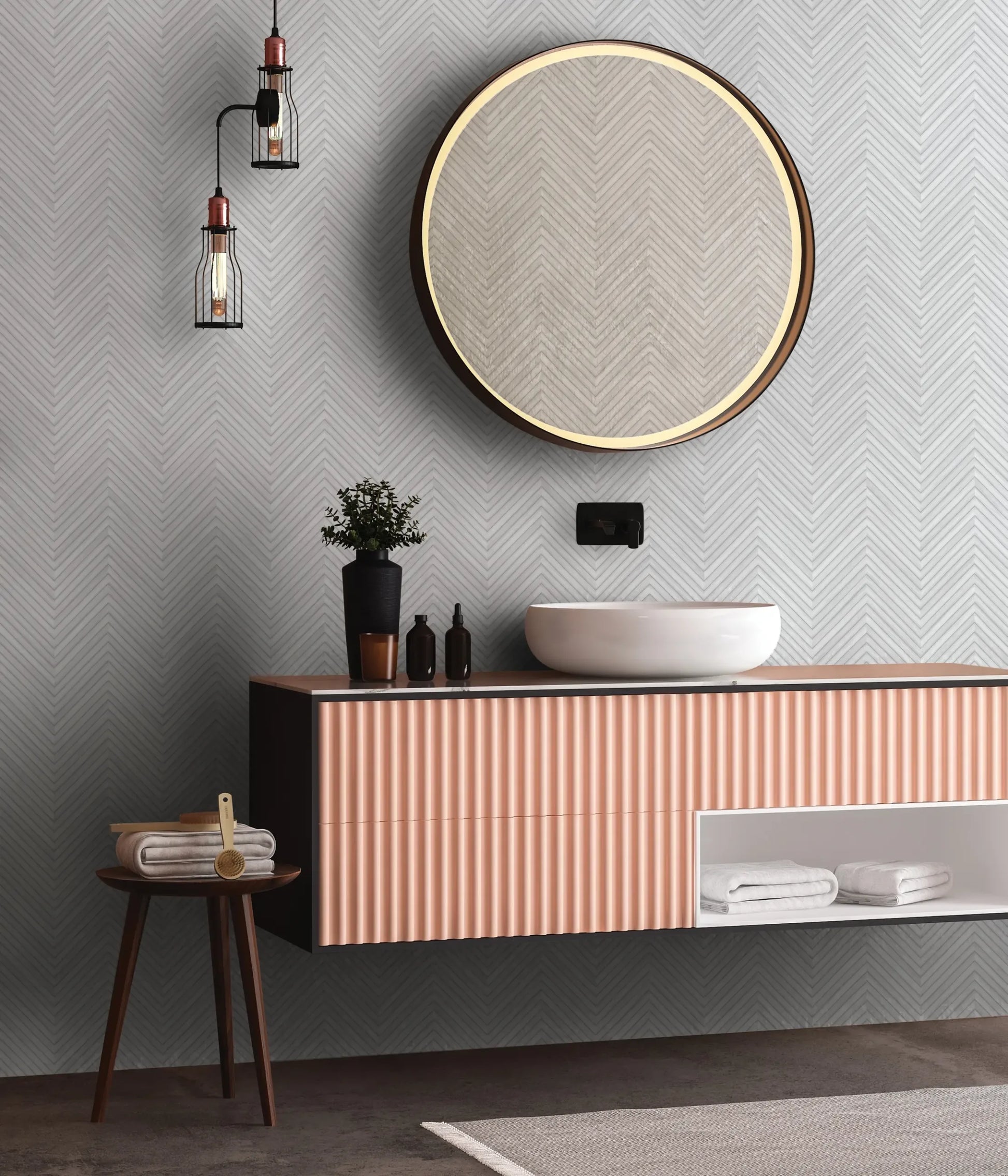 Marburg Travertino 33375 Light gray and white small-scale herringbone/chevron line pattern wallpaper on a bathroom feature wall.