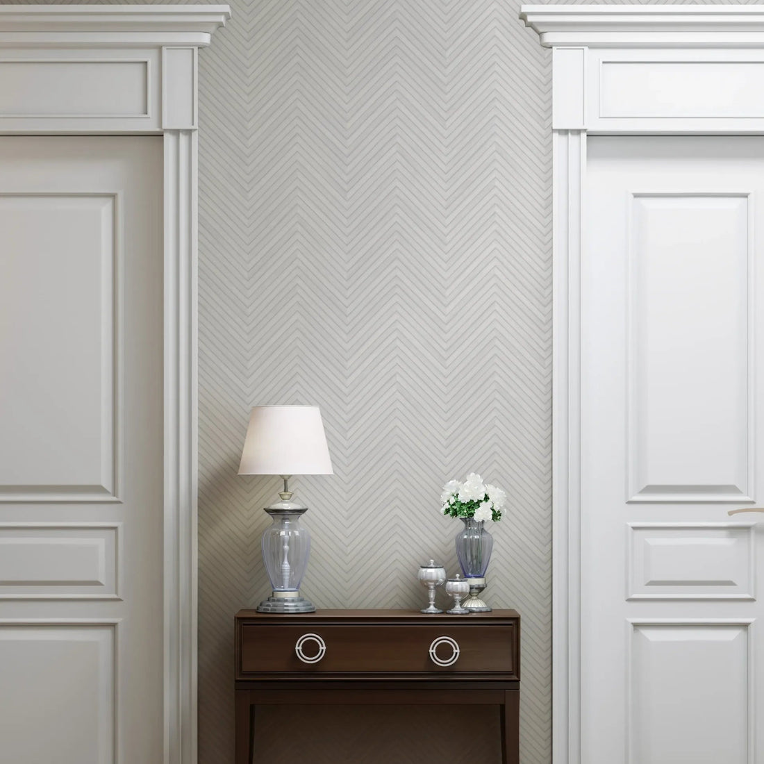 Marburg Travertino 33375 soft white and grey chevron stripe wallpaper with wood-look grain
