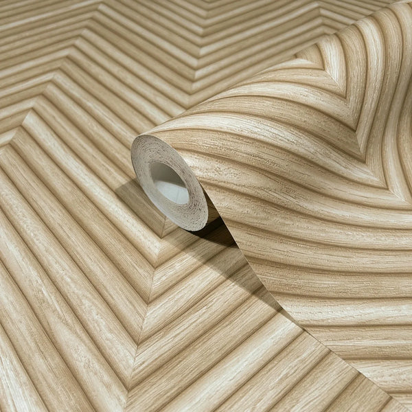 Marburg Travertino 33376 Beige wallpaper roll on a matching unrolled sheet, showing V-shaped chevron bands with a subtle linear grain and depth effect.