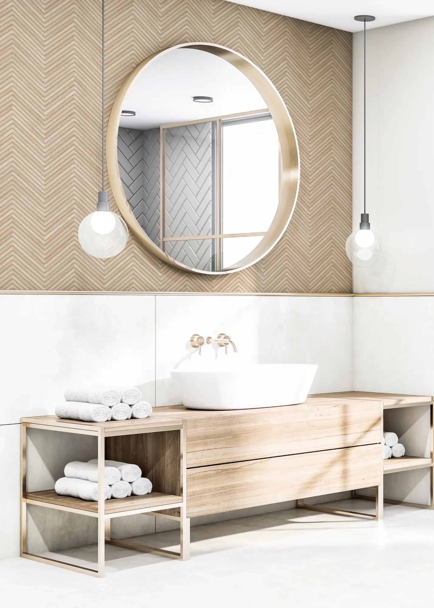 Marburg Travertino 33376 Beige chevron-pattern wallpaper on the upper wall behind a bathroom vanity with a round mirror, two pendant lights, a white basin sink with wall-mounted faucet, and rolled towels above white wall tiles.