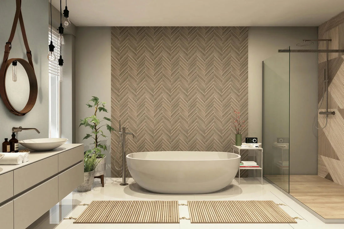 Marburg Travertino 33377 chevron wood-look wallpaper in warm brown and beige tones