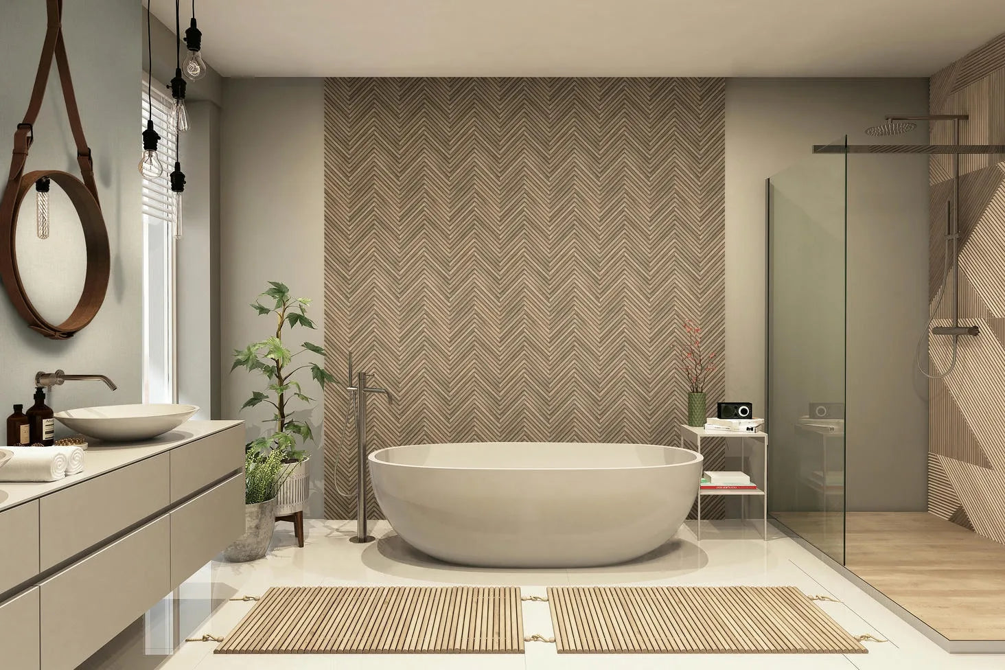 Marburg Travertino 33377 Bathroom interior featuring a brown chevron-pattern wallpaper as a feature wall behind a freestanding oval bathtub, with a glass shower on the right and a vanity with round mirror on the left.