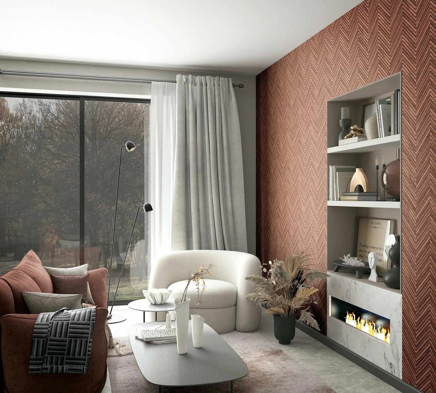 Marburg Travertino 33379 Reddish-brown chevron wallpaper used as a feature wall in a living room with built-in shelves and a linear fireplace, beside a large window with curtains, a sofa, an armchair, a coffee table, and a floor lamp.