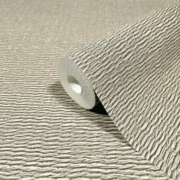 Marburg Travertino 33385 Angled wallpaper roll showing a beige and white wavy, horizontally ridged texture, photographed on the same pattern.