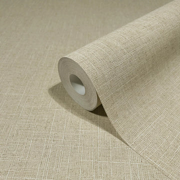 Marburg Travertino 33392 A beige wallpaper roll with a fine crosshatch texture, partially unrolled on a matching surface.