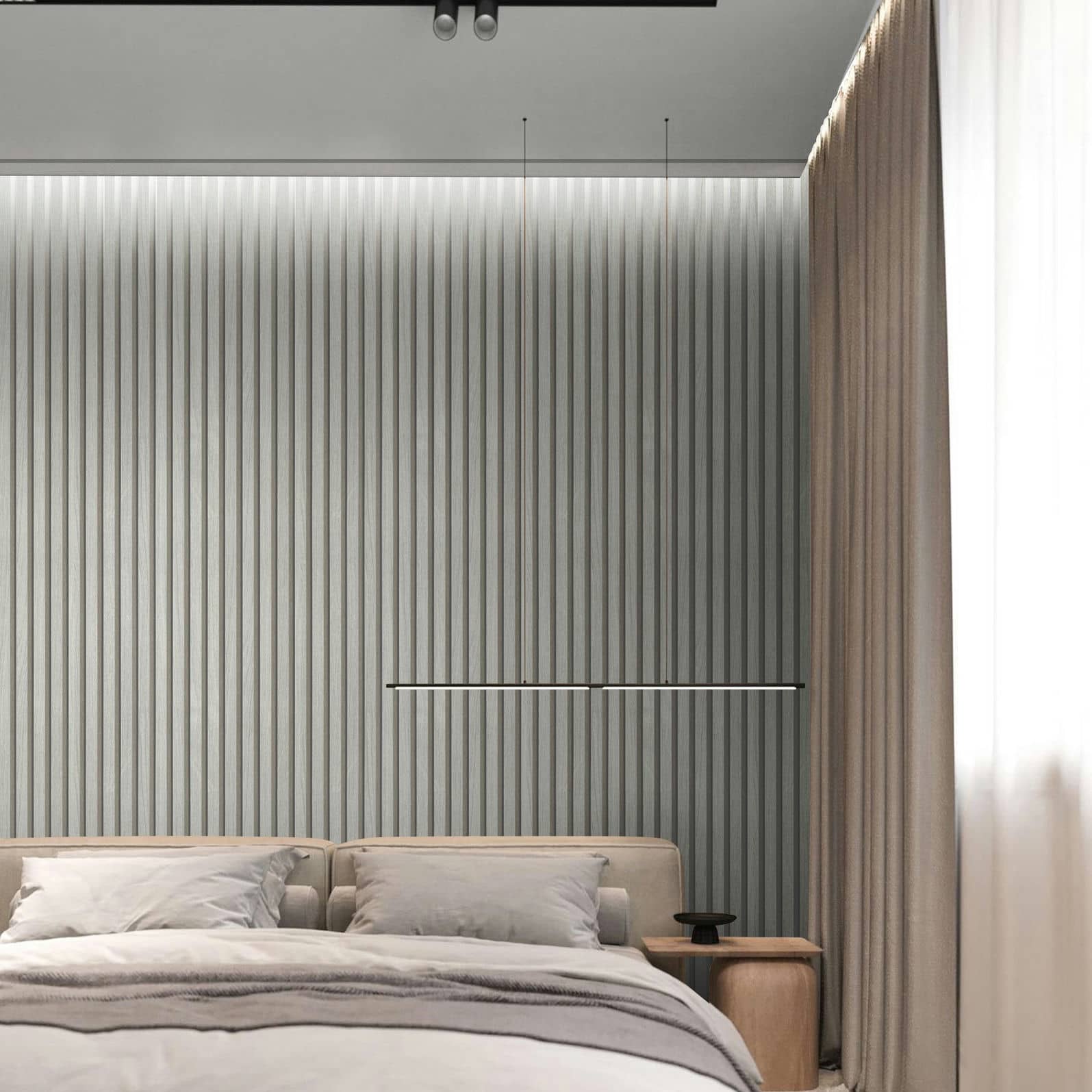 Marburg Travertino 33395 Bedroom scene featuring a silver vertical ribbed wallpaper behind a low upholstered bed, with a slim horizontal light above the headboard, a wood bedside table, and floor-length curtains.
