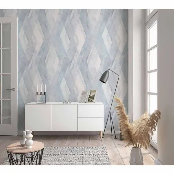 Wallpaper installed in a room showing its full pattern, color