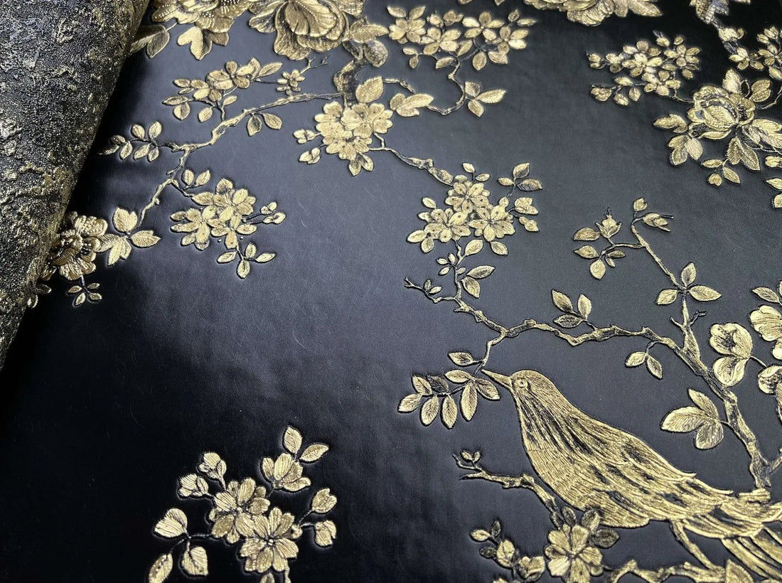 Closeup of a wallpaper showing its Birds, Black, Floral, Gold, Luxury, Nature, Textures, Vinyl pattern, color, and subtle texture.