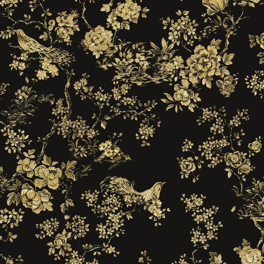 Closeup of a wallpaper showing its Birds, Black, Floral, Gold, Luxury, Nature, Textures, Vinyl pattern, color, and subtle texture.