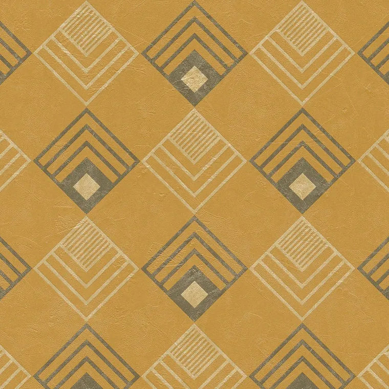 Closeup of a wallpaper showing its Contemporary, Geometric, Gold, Two-tone, Yellow pattern, color, and texture.