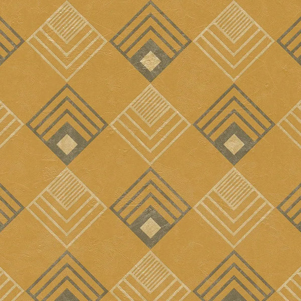 Closeup of a wallpaper showing its Contemporary, Geometric, Gold, Two-tone, Yellow pattern, color, and texture.