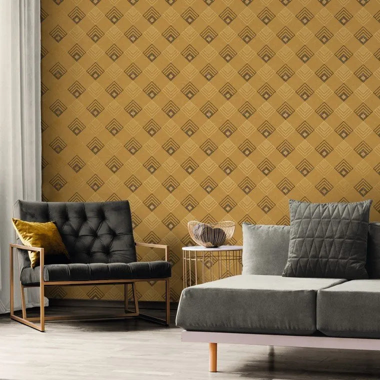 Closeup of a wallpaper showing its Contemporary, Geometric, Gold, Two-tone, Yellow pattern, color, and texture.