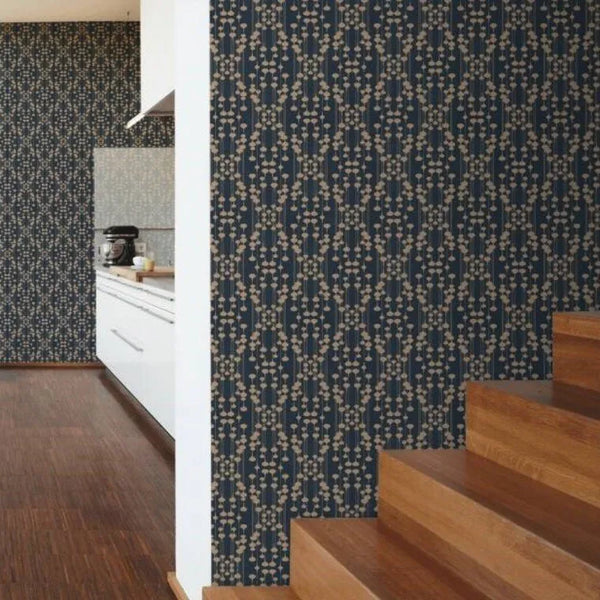 Wallpaper installed in a room showing its full pattern, color