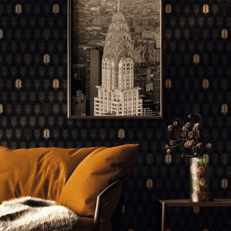 Closeup of a wallpaper showing its Art-Deco, Black, Contemporary, Dramatic, Geometric, Gold, Two-tone pattern, color, and texture.