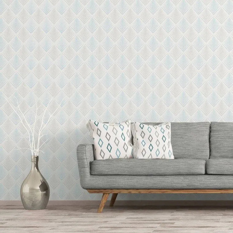 Closeup of a wallpaper showing its Blue, Chevron, Contemporary, Geometric, Neutrals, Two-tone pattern, color, and texture.