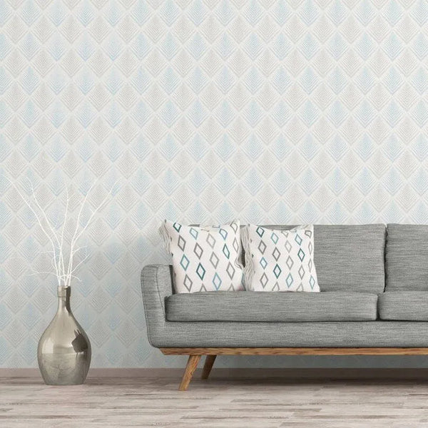 Wallpaper installed in a room showing its full pattern, color