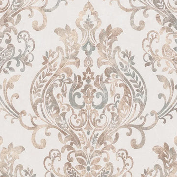 Closeup of a wallpaper showing its Damask, Neutrals, Two-tone pattern, color, and texture.