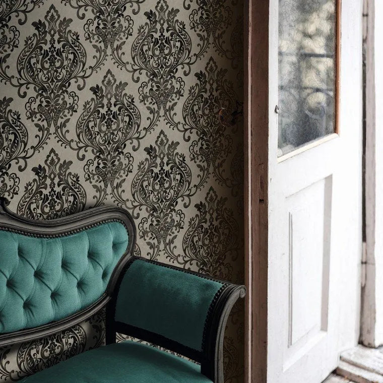 Closeup of a wallpaper showing its Damask, Neutrals, Two-tone pattern, color, and texture.