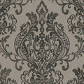 Closeup of a wallpaper showing its Black, Brown, Damask, Dramatic, Two-tone pattern, color, and texture.