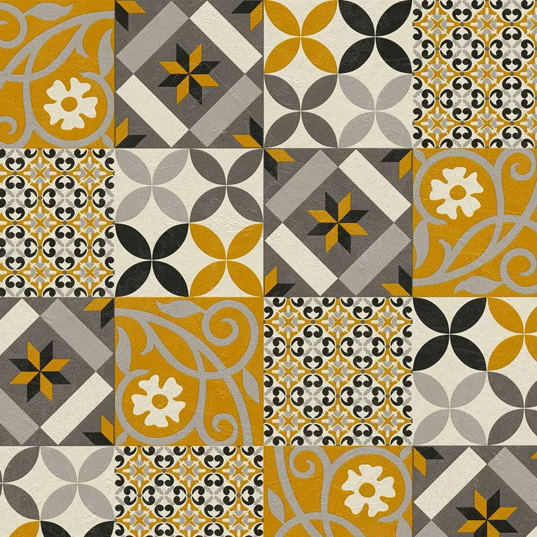 Closeup of a wallpaper showing its Contemporary, Geometric, Gold, Multicolour, Tiles, Yellow pattern, color, and texture.