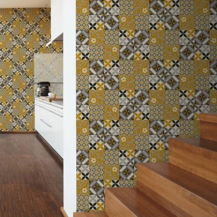 Closeup of a wallpaper showing its Contemporary, Geometric, Gold, Multicolour, Tiles, Yellow pattern, color, and texture.