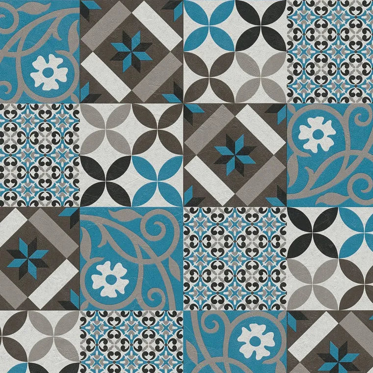 Closeup of a wallpaper showing its Blue, Contemporary, Geometric, Grey, Multicolour, Tiles pattern, color, and texture.