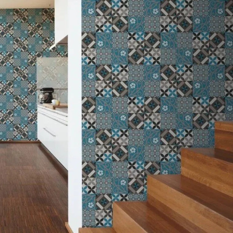 Closeup of a wallpaper showing its Blue, Contemporary, Geometric, Grey, Multicolour, Tiles pattern, color, and texture.