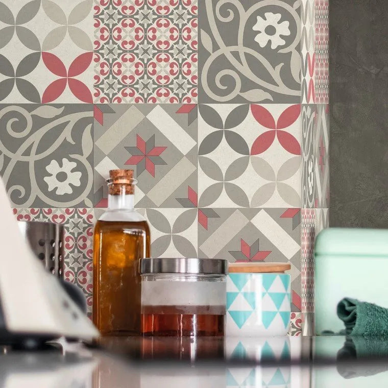 Closeup of a wallpaper showing its Contemporary, Geometric, Multicolour, Pink, Red, Tiles pattern, color, and texture.