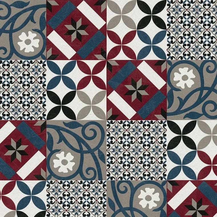 Closeup of a wallpaper showing its Black, Blue, Contemporary, Geometric, Multicolour, Red, Tiles pattern, color, and texture.