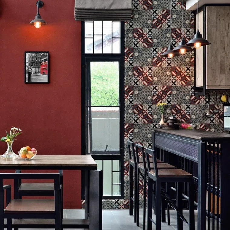 Closeup of a wallpaper showing its Black, Blue, Contemporary, Geometric, Multicolour, Red, Tiles pattern, color, and texture.