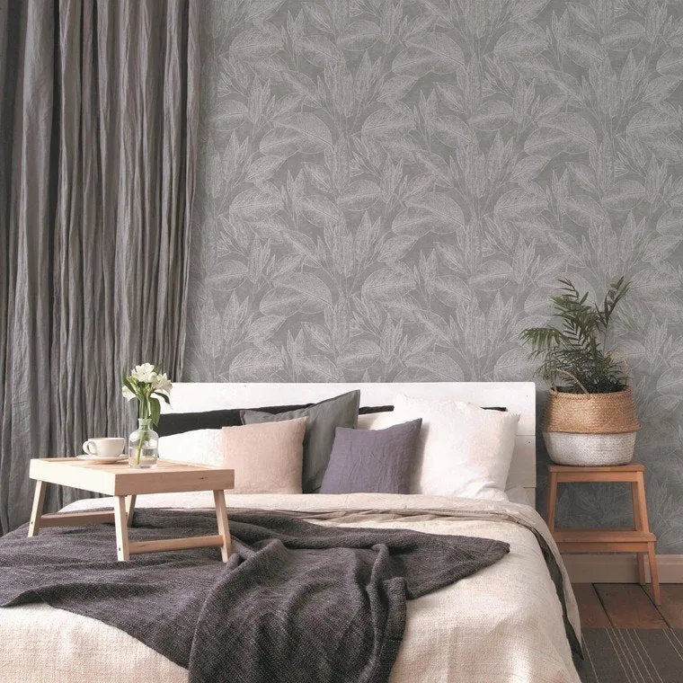 Closeup of a wallpaper showing its Contemporary, Floral, Grey, Monochrome pattern, color, and subtle texture.