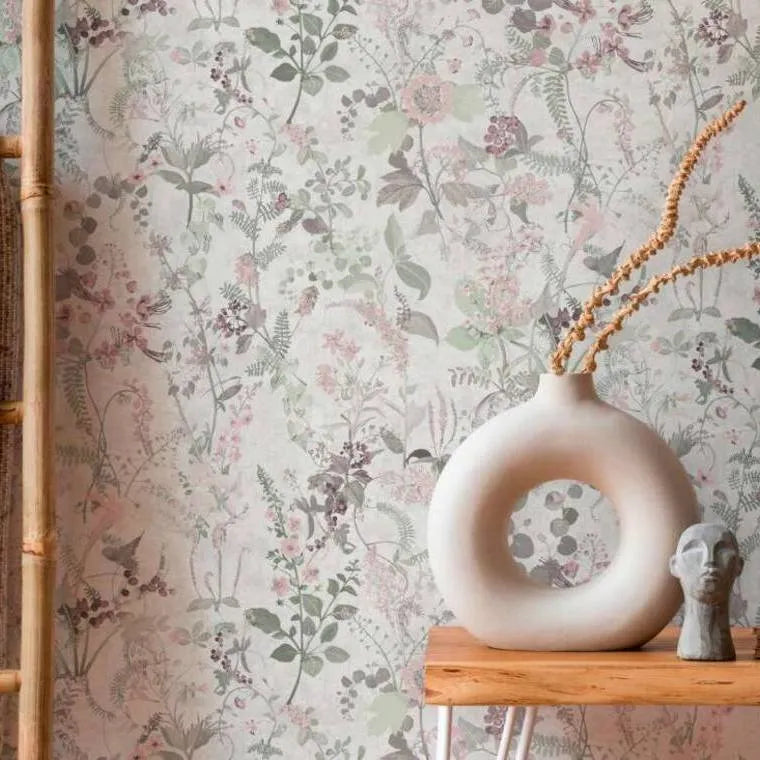 Closeup of a wallpaper showing its Floral, Multicolour, Purple, White pattern, color, and texture.