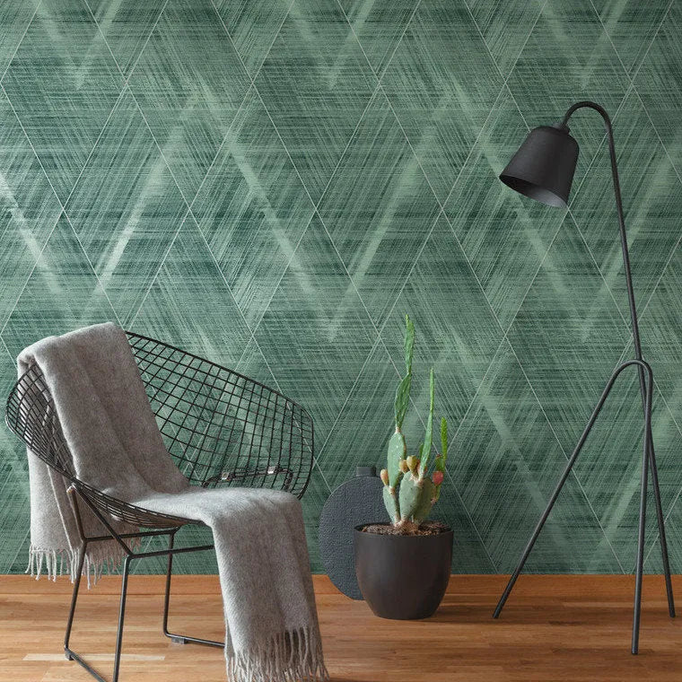 Closeup of a wallpaper showing its Contemporary, Geometric, Green, Two-tone pattern, color, and texture.