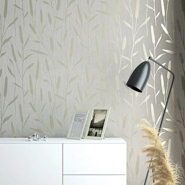 Wallpaper installed in a room showing its full pattern, color