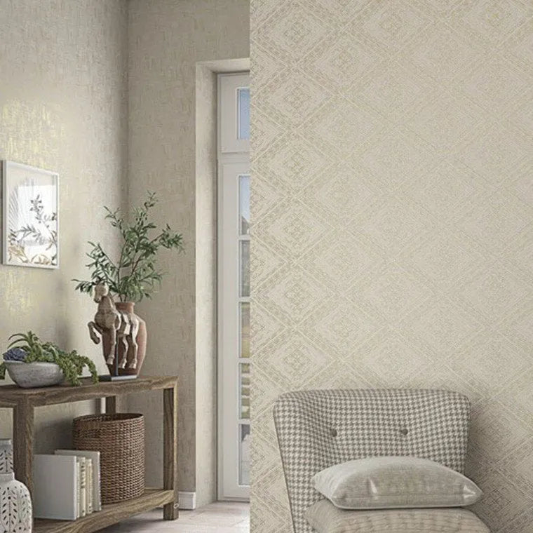 Wallpaper installed in a room showing its full pattern, color