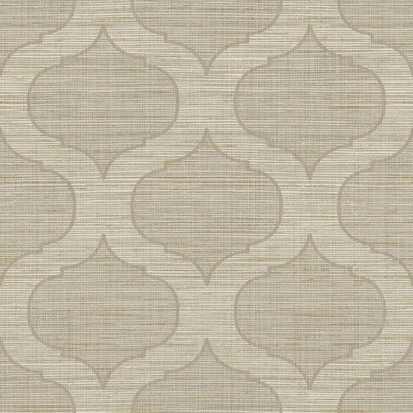 Closeup of a wallpaper showing its Neutrals, Textile, Trellis pattern, color, and subtle texture.