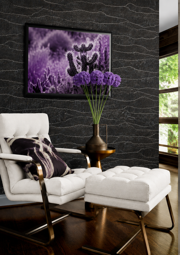 Thibaut Cloud Mosaic wallpaper with Cork and Foil on Non Woven styled behind a modern chair and vase.