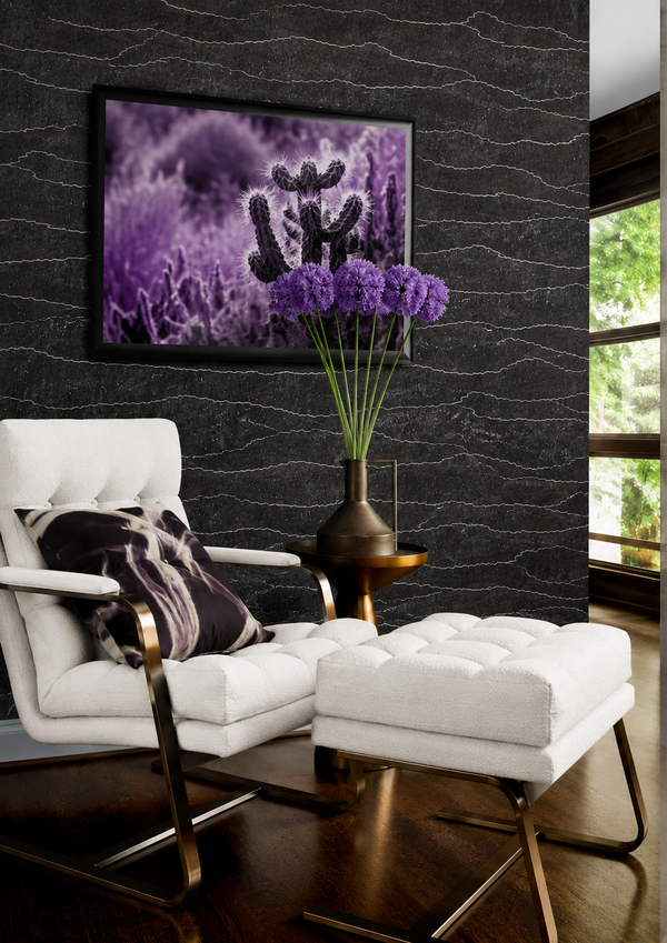 Thibaut Cloud Mosaic wallpaper with Cork and Foil on Non Woven styled behind a modern chair and vase.