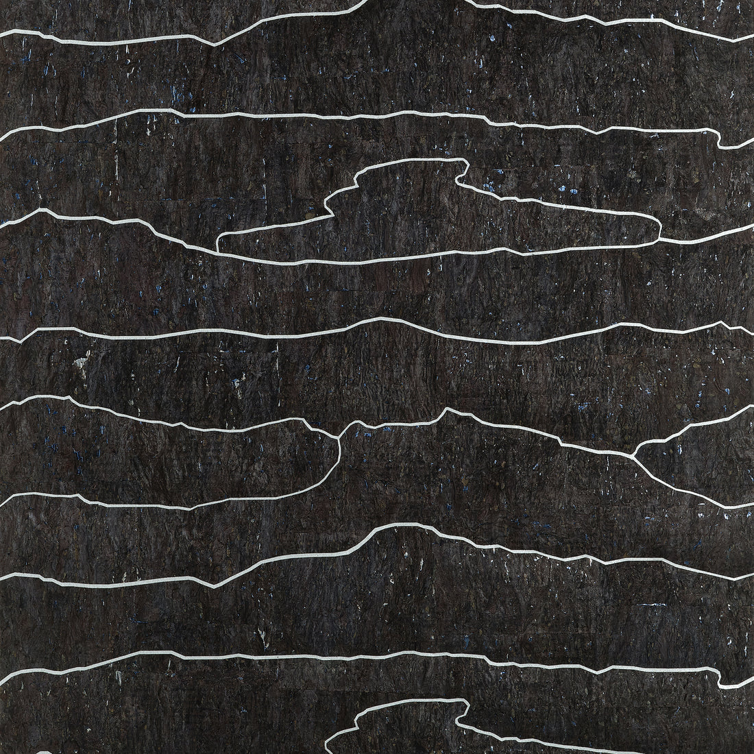 Thibaut Cloud Mosaic T24406 black and silver cork wallpaper with organic cloud bands over metallic foil.