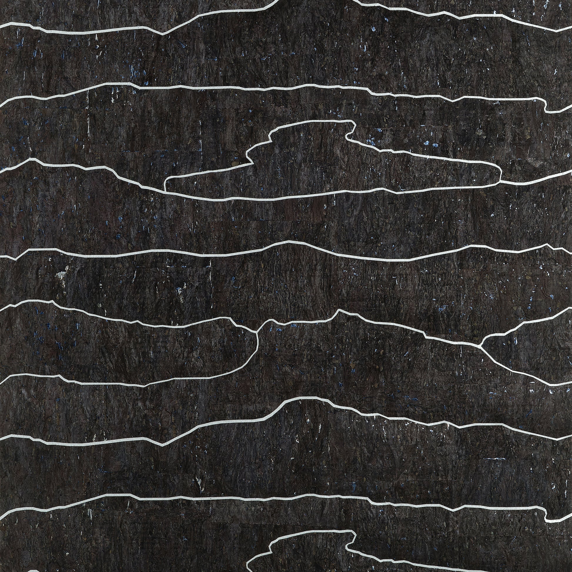 Thibaut Cloud Mosaic T24406 black and silver cork wallpaper with organic cloud bands over metallic foil.