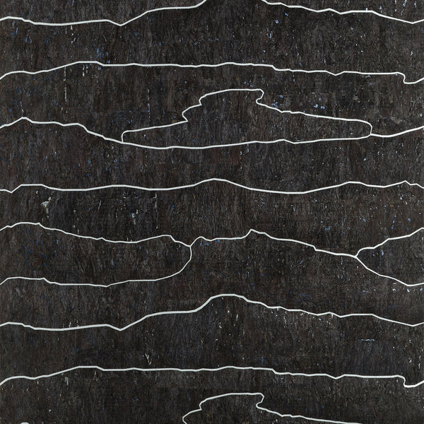 Thibaut Cloud Mosaic T24406 black and silver cork wallpaper with organic cloud bands over metallic foil.