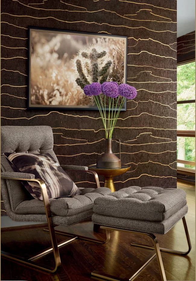 Thibaut Cloud Mosaic wallpaper with Cork and Foil on Non Woven shown on a feature wall in a contemporary lounge.