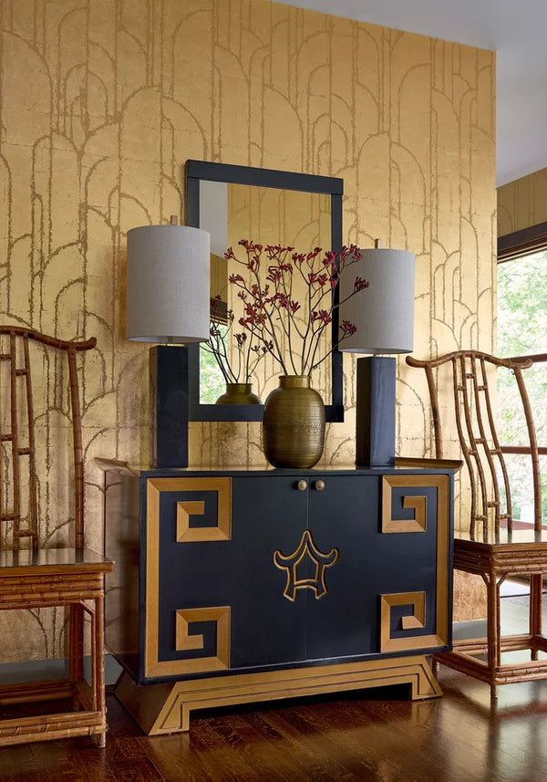 Thibaut t24414 Deco Moon wallpaper with Metal Leaf on Non Woven shown on a feature wall in a contemporary lounge.