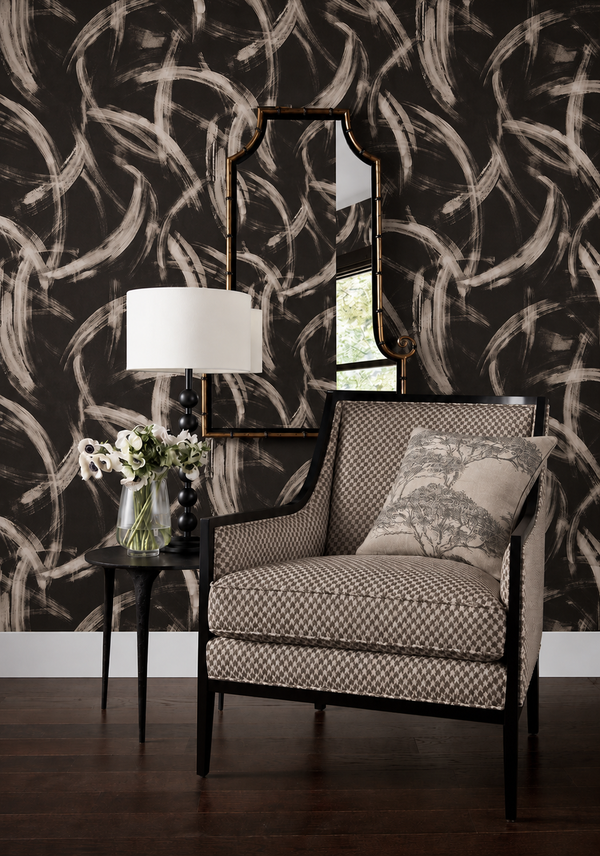 Thibaut Magnus wallpaper with Non Woven shown on a feature wall in a contemporary lounge.